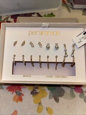 Persimmon Brass, Pearl & Cubic Zirconia Earring Set - 8 Pairs
